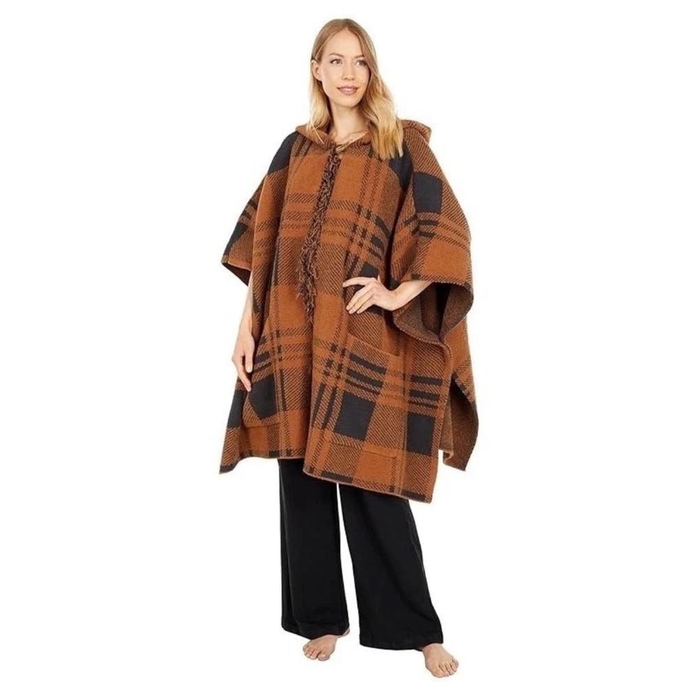 Barefoot Dream cozychic fringe plaid hooded poncho  honey/carbon one size NWT - Picture 2 of 13